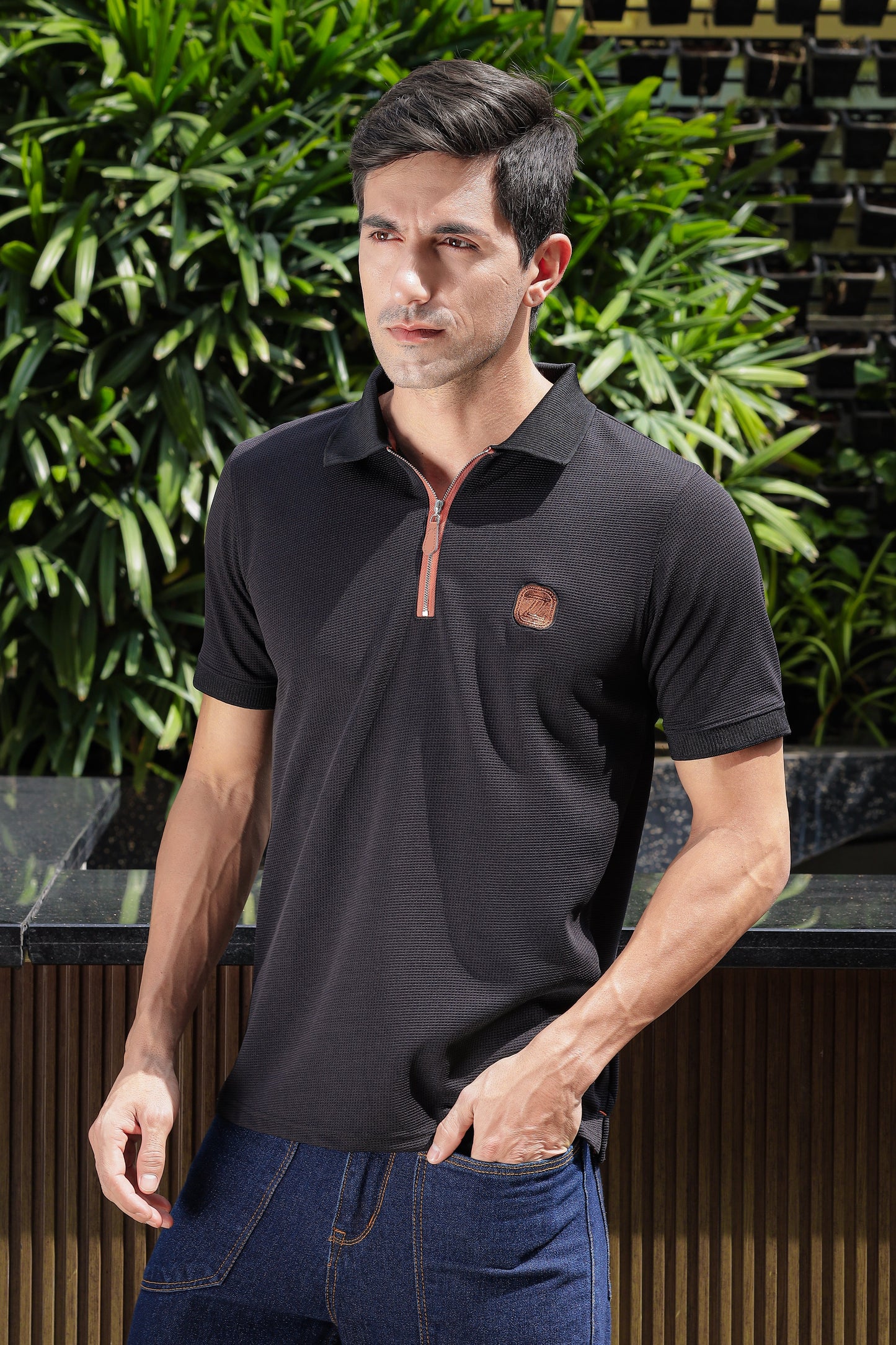 Men's Black Embroidery Logo Half Sleeve T-Shirt